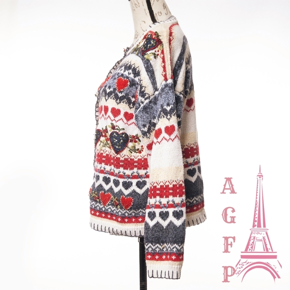 Heirloom Collectibles vintage hearts ugly Christmas chunky knit sweater cardigan - Picture 13 of 16